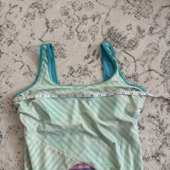 Lands End Tugless Tank One Piece Swimsuit Size 14P Turquoise Stripe Soft Cup Bra - Picture 6 of 7